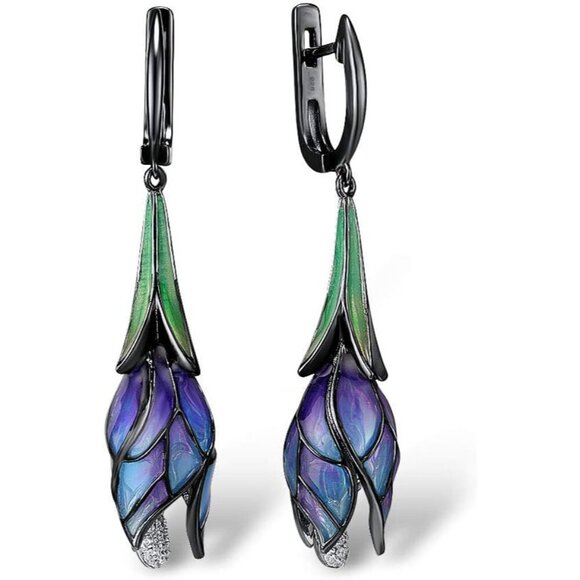 Sterling Silver Enamel Tulip Earrings for Women Dangle Purple Gift